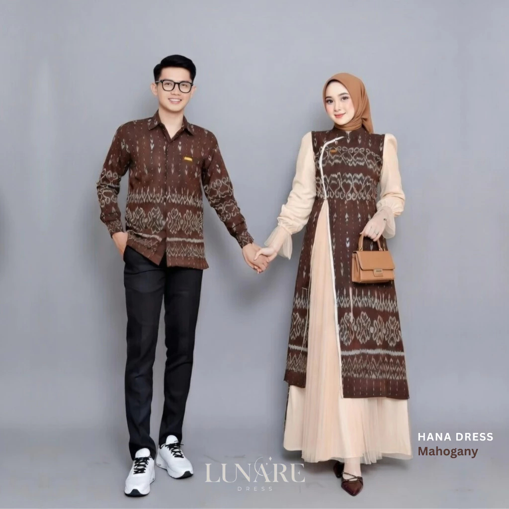 Baju Couple Tenun Troso Hana Dress Mahogany | Gamis Couple Modern Kondangan Lebaran Tunangan