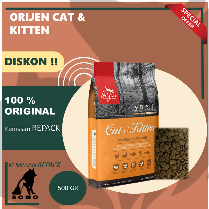 ORIJEN CAT & KITTEN | MAKANAN KUCING ORIJEN CAT & KITTEN UKURAN 500 GR REPACK