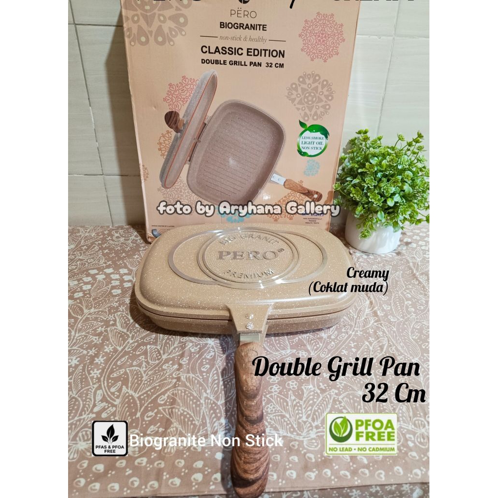 PERO DOA Jumbo Double Grill Pan 32 CM CREAM / Oven Effect Non Stick Biogranite 6 Layers