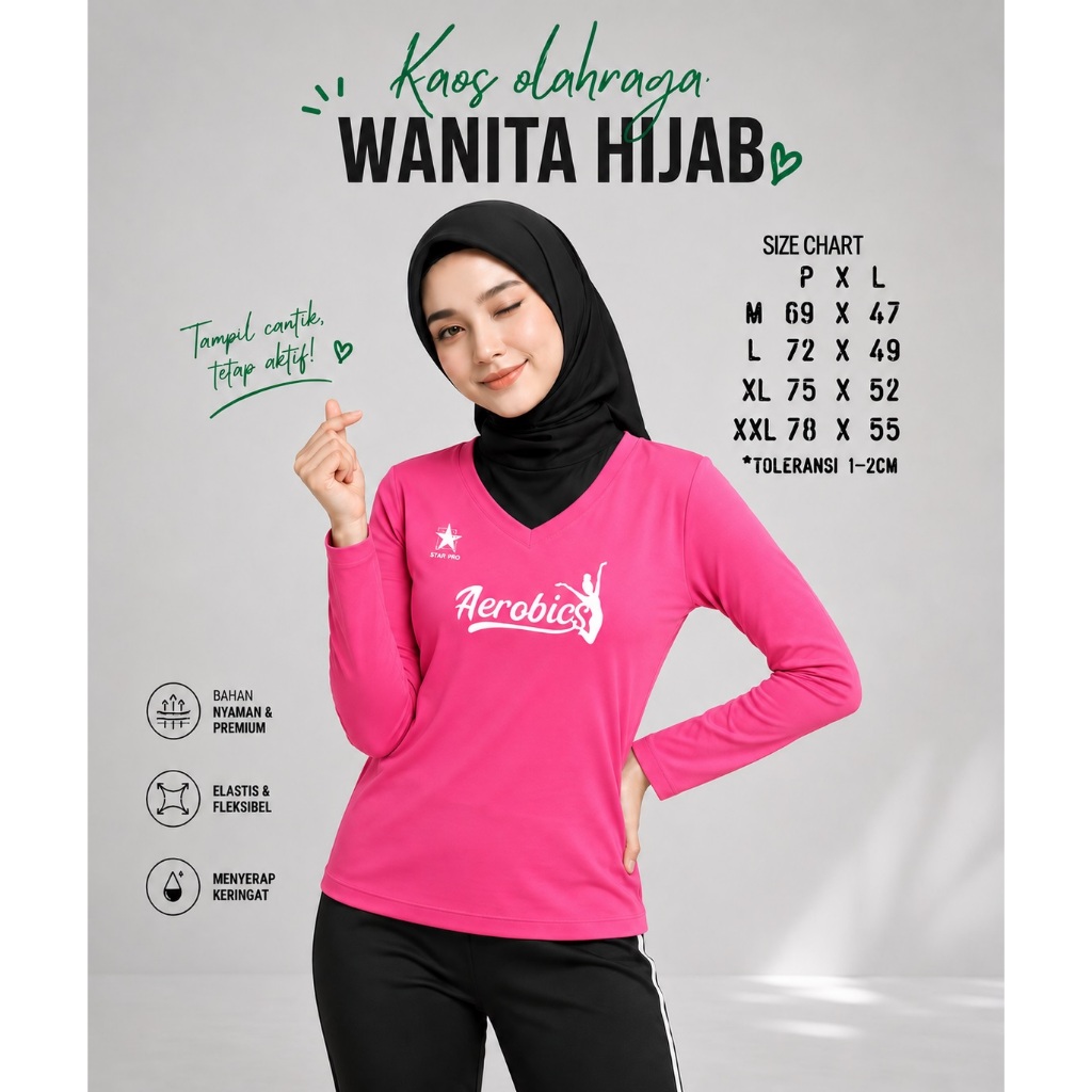 Kaos Olahraga Wanita Muslimah Dry Fit Lengan Panjang Nyaman Elastis dan Trendy
