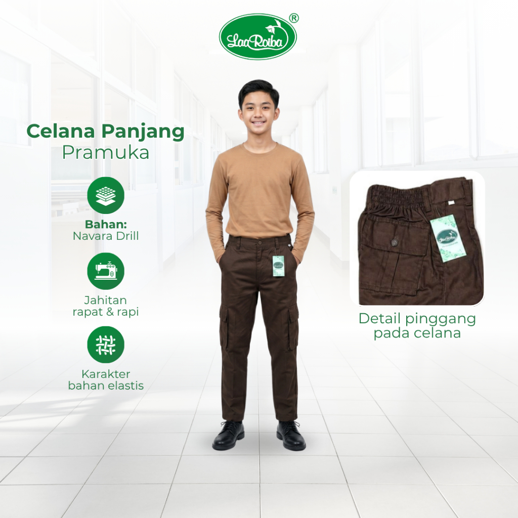 Celana Panjang Pramuka Seragam Siaga Penggalang Bahan Navara Drill Karet Pinggang Saku Kargo Paspol