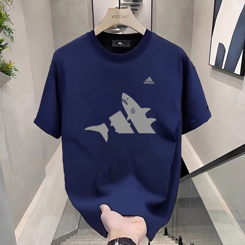 [Shark kaos] Kaos Pria Distro Hitam Motif Hiu Gaya Adidas / T-Shirt Lengan Pendek Desain Hiu Minimal