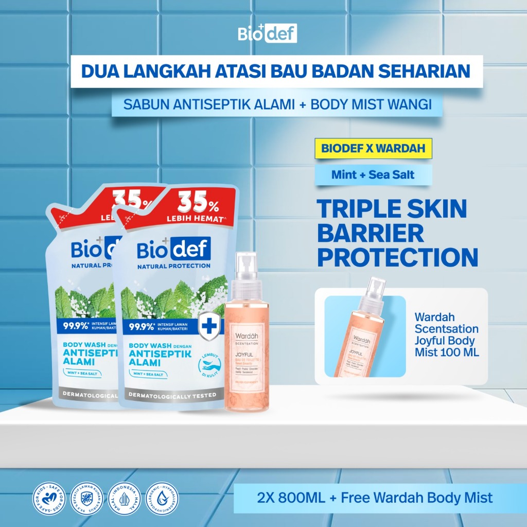 [BIODEF X WARDAH] Biodef Body Wash 800ml x 2pcs & Wardah Joyful Body Mist 100mL | Sabun Mandi Pelemb