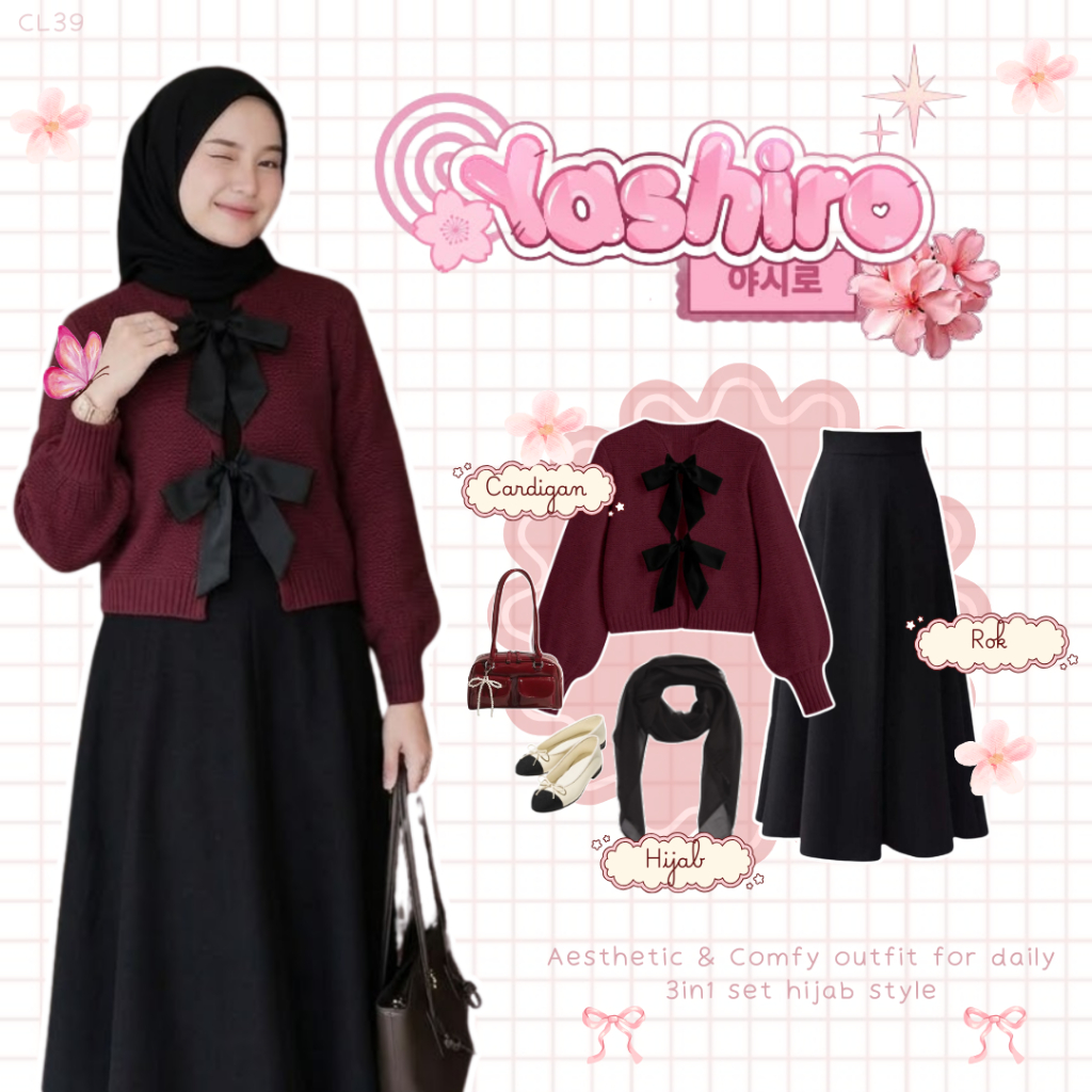 One Set 3in1 Remaja Kekinian - Hijab - Rok - Cardigan - Set Korean Style OOTD Remaja Hangout - CL39