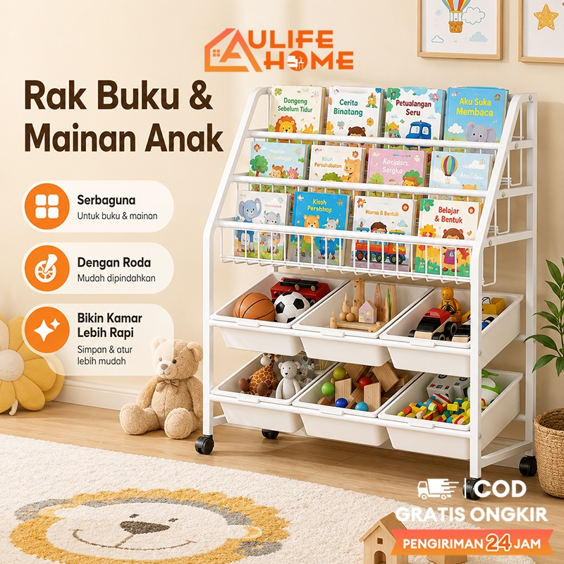 Rak Buku Susun Serbaguna Tempat Rak Buku Anak Rak Portable Roda Rak Mainan Rak Roda Toy Storage