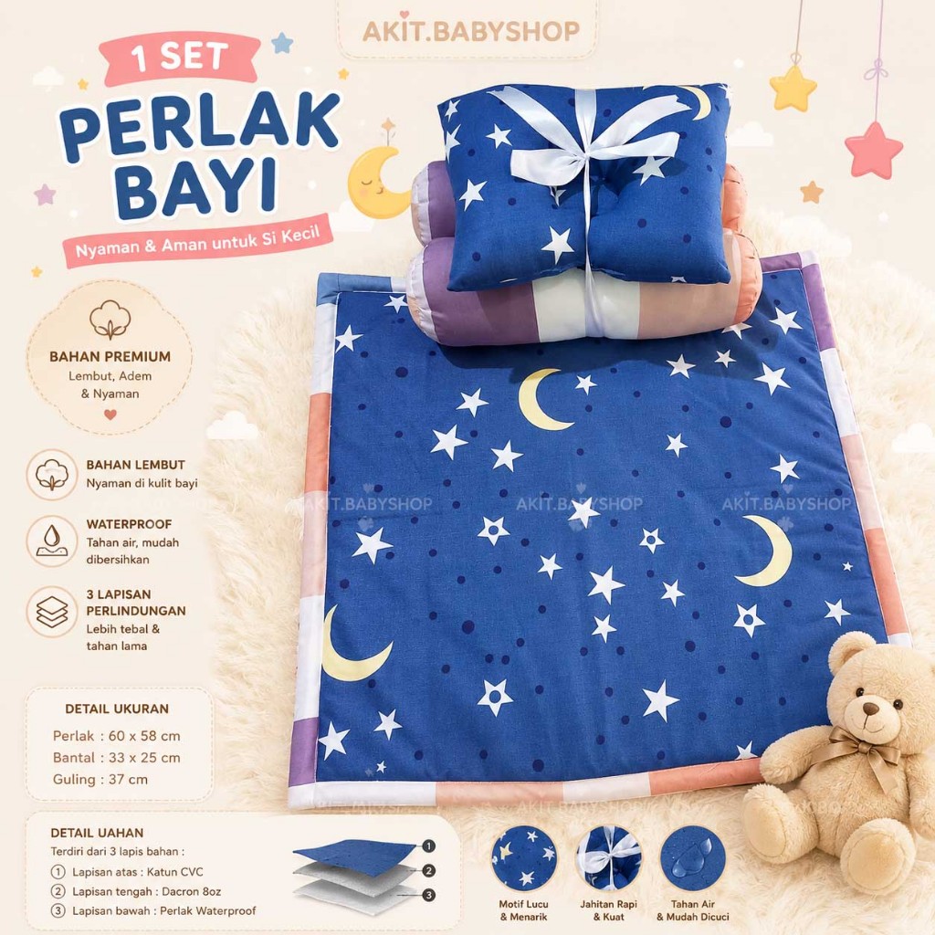 1SET PERLAK BAYI WATERPROOF perlak bayi anti rembes bantal peyang guling PACKING TAS MIKA