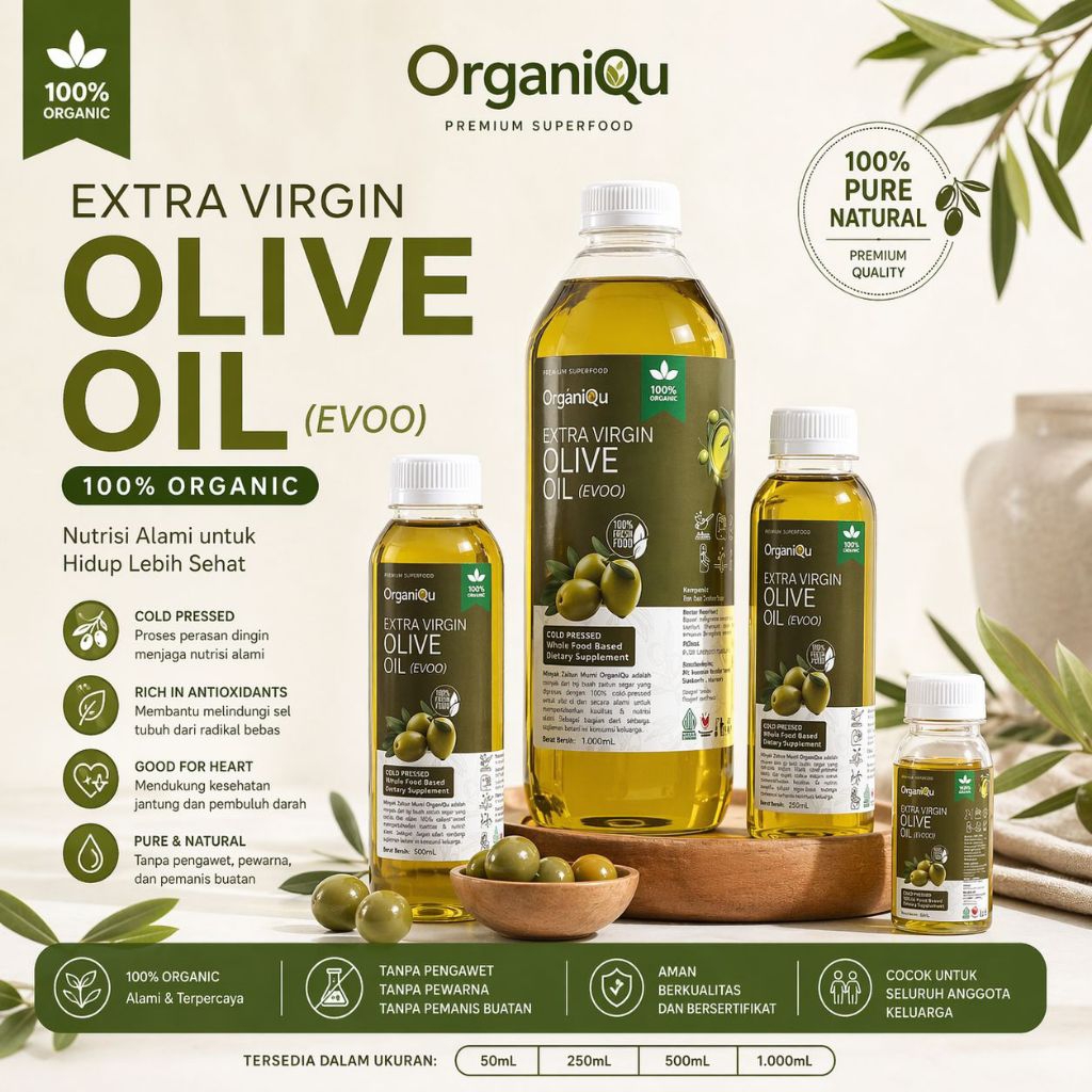 OrganiQu Premium Extra Virgin Olive Oil (EVOO) MURNI 100% Minyak Zaitun 1L-250ml-100ml-50ml untuk ke
