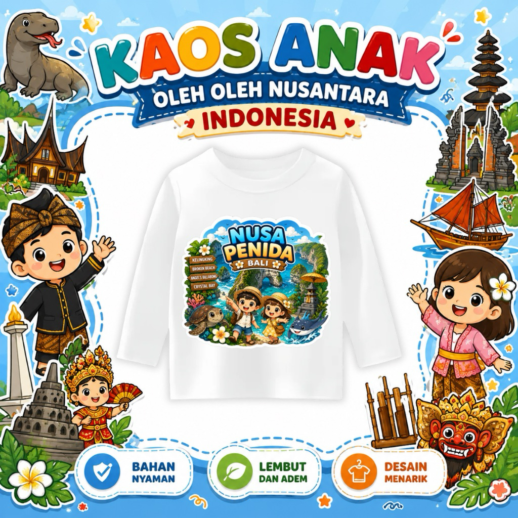 kaos anak lengan panjang kaos oleh oleh souvenir motif nusa penida bali