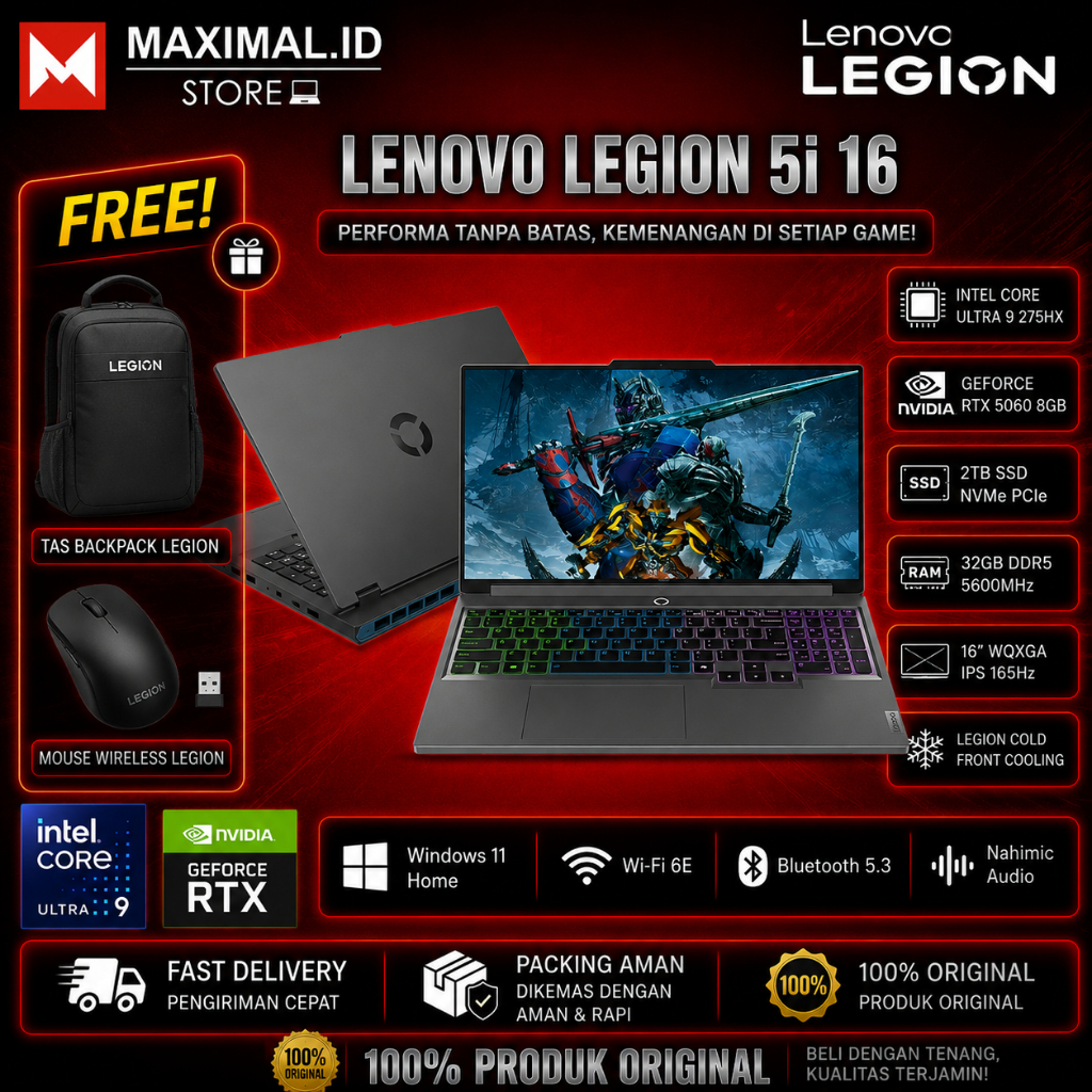 Lenovo Legion 5i 16 Intel Ultra 9 275HX 32GB 2TB SSD RTX5060 8GB WQXGA IPS 240HZ RGB Windows 11