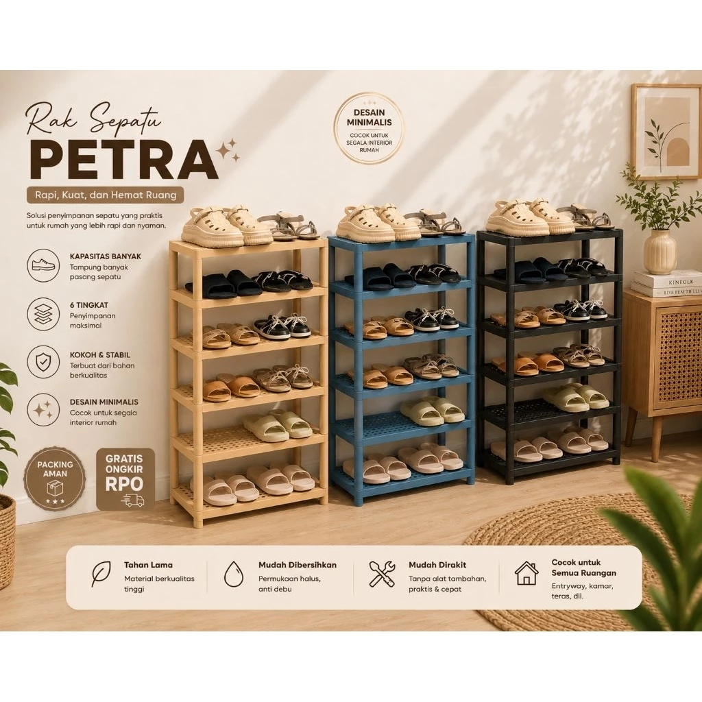 Rak sepatu Sendal Sandal Alas Kaki Petra 4 6 tingkat susun minimalis plastik kokoh estetik serbaguna tempat penyimpanan sandal lemari terbuka kamar anak kos Apartemen Toko Besar Banyak ruang praktis modern desain interior rumah bagus Storage Shoe Rack Box