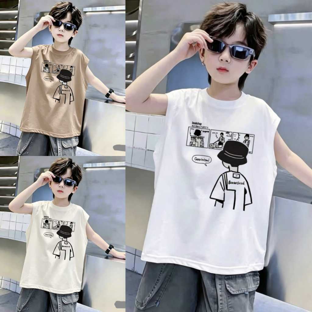 Kaos Singlet Oversize Anak Laki-laki Motif BOOKSHOP GOO-WOW Usia 3-14 Tahun / Lekton Oversize Cowok 