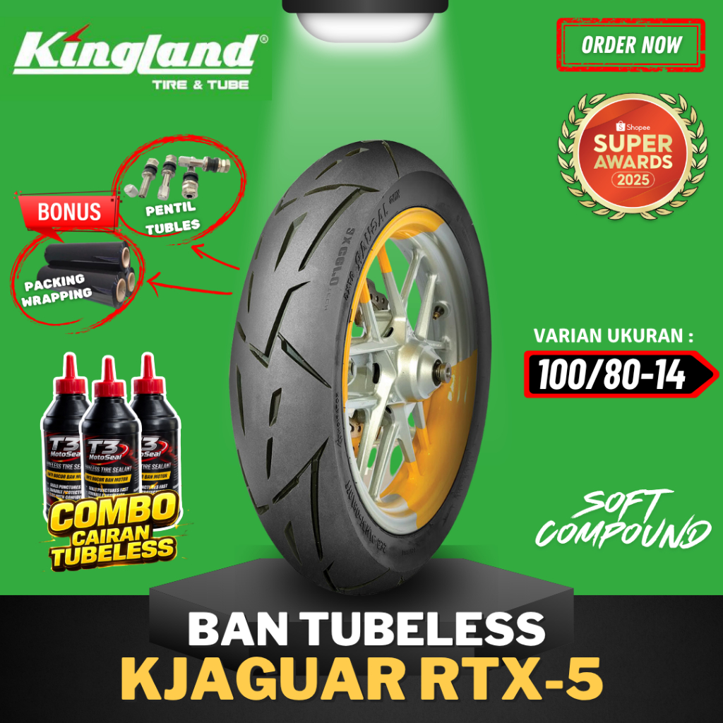 [READY COD] BAN KINGLAND PREMIUM KJ RTX5 RING 14 TUBLES ( 100/80-14 ) TUBELESS SOFT COMPOUND / KINGL