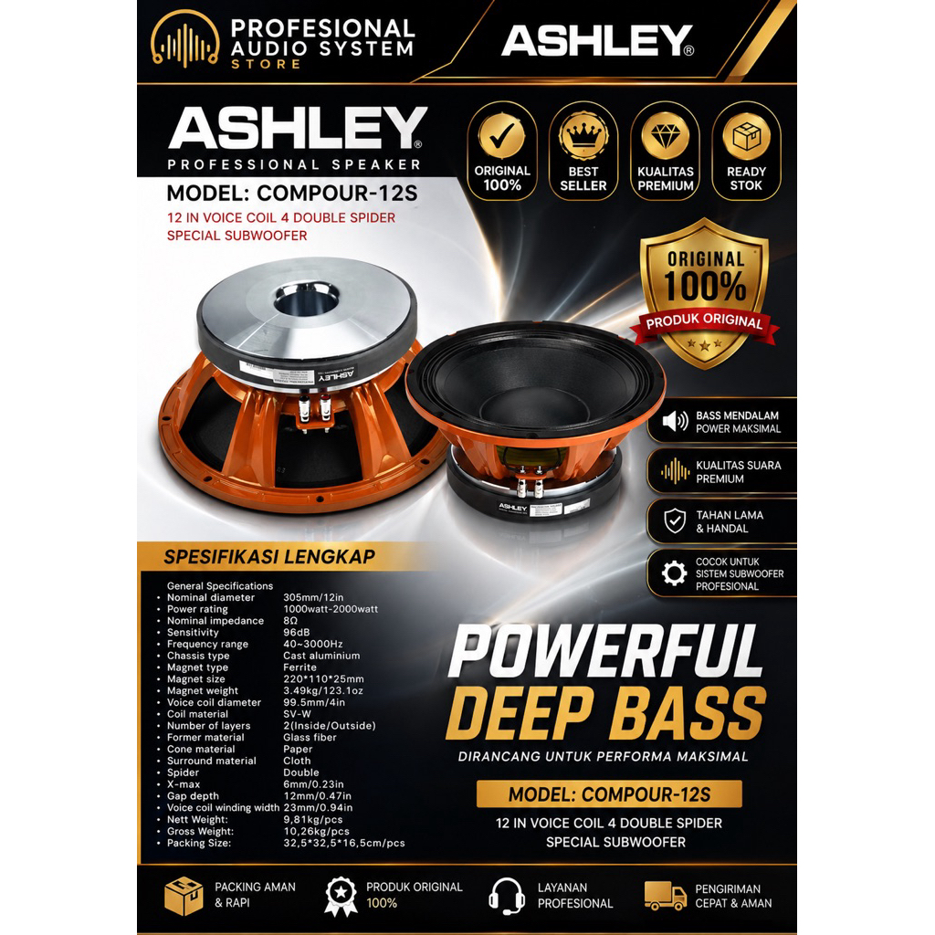 SPEAKER KOMPONEN ASHLEY 12INCH VOICE COIL 4INCH BISA UNTUK SUBWOOFER MINIATUR COMPOUR12S COMPOUR-12S