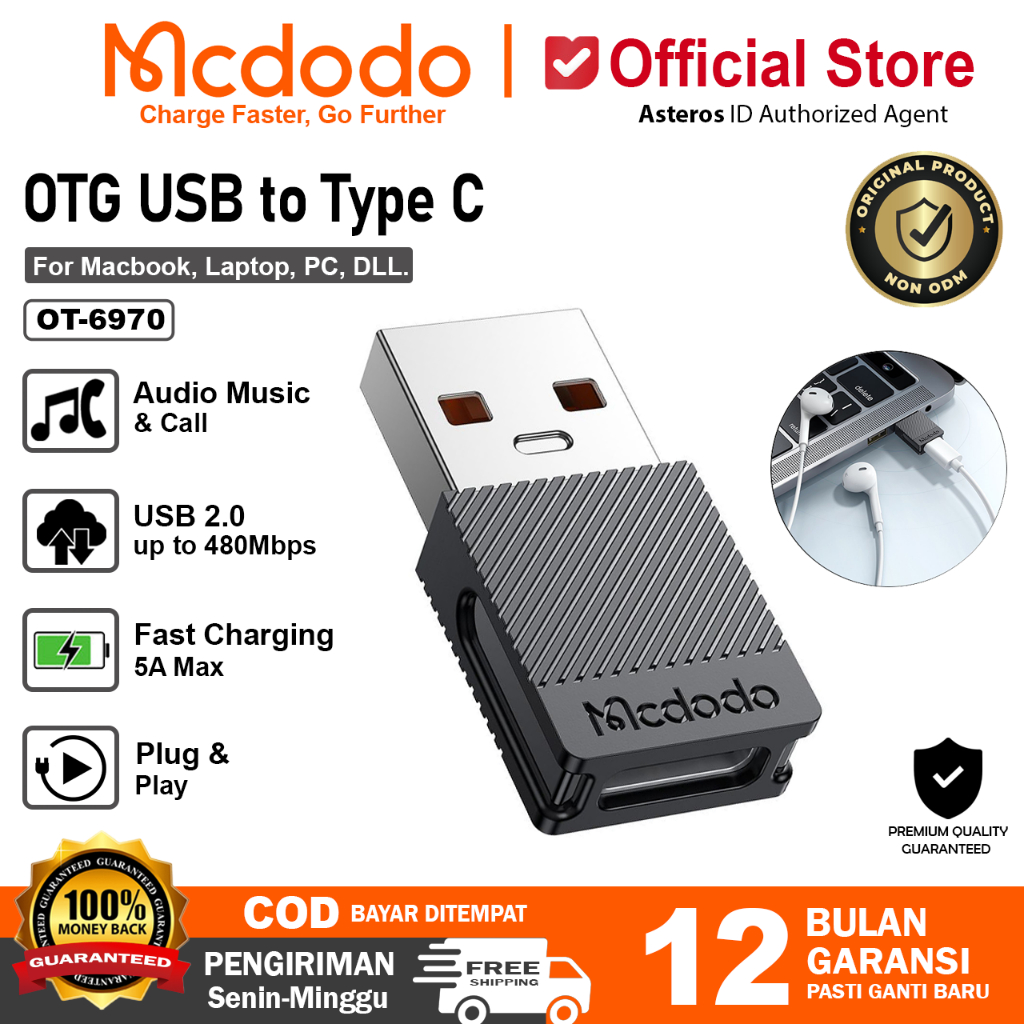 MCDODO OTG Type C to USB A Male Adapter Converter Charger 5A OT-6970