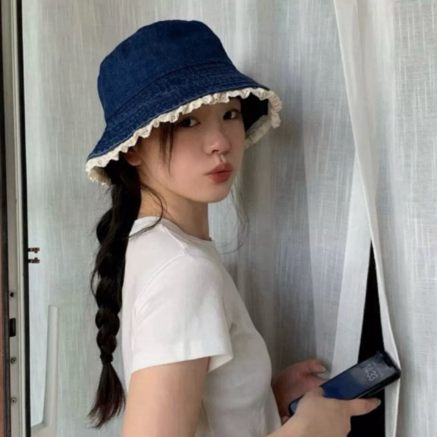 Topi wanita bahan denim bulat