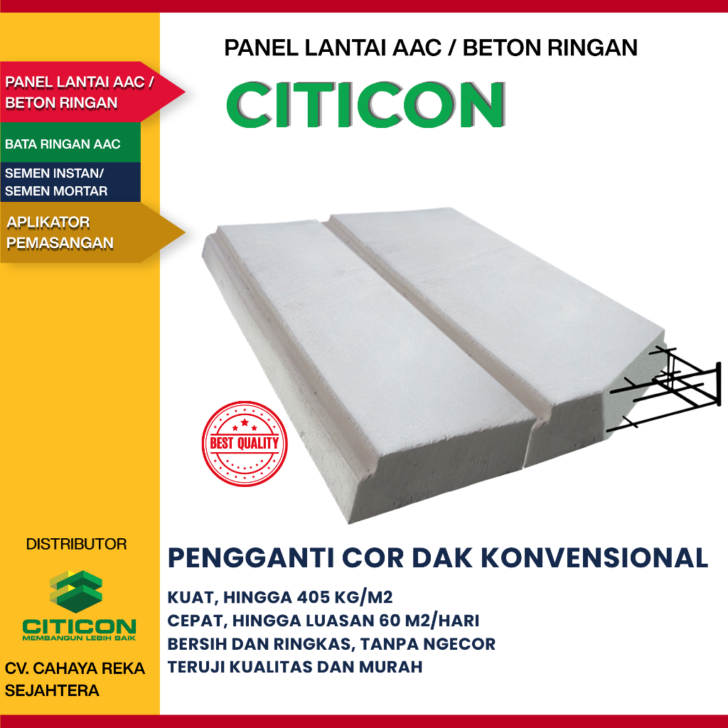 Panel Lantai AAC Beton Ringan Citicon Kuat, Ringan, Hemat, Berkualitas, Tanpa Ngecor | Harga per m3 