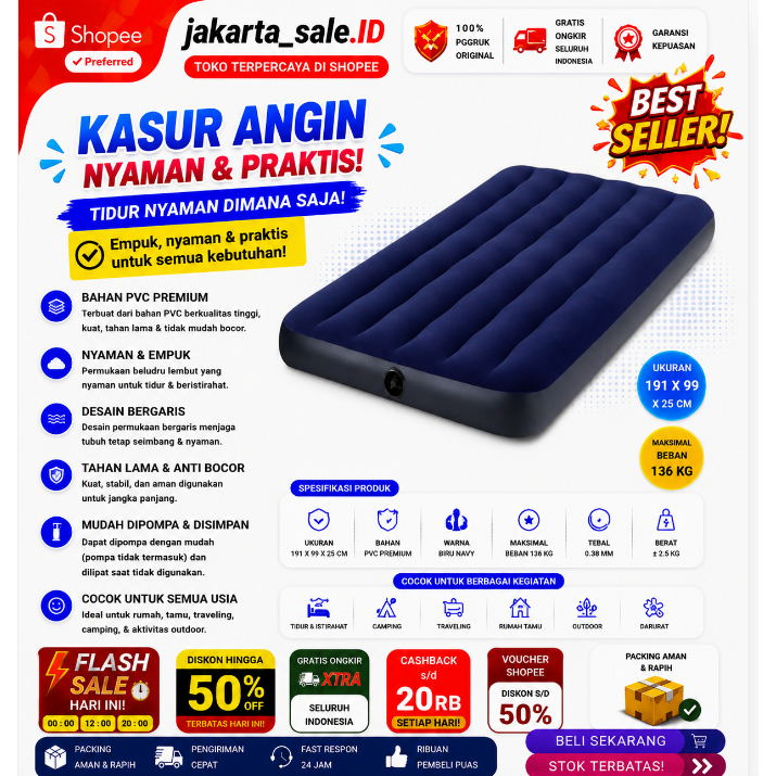 INTEX Kasur Angin Dura Beam Blue 64757 / Kasur Tiup Twin Intex