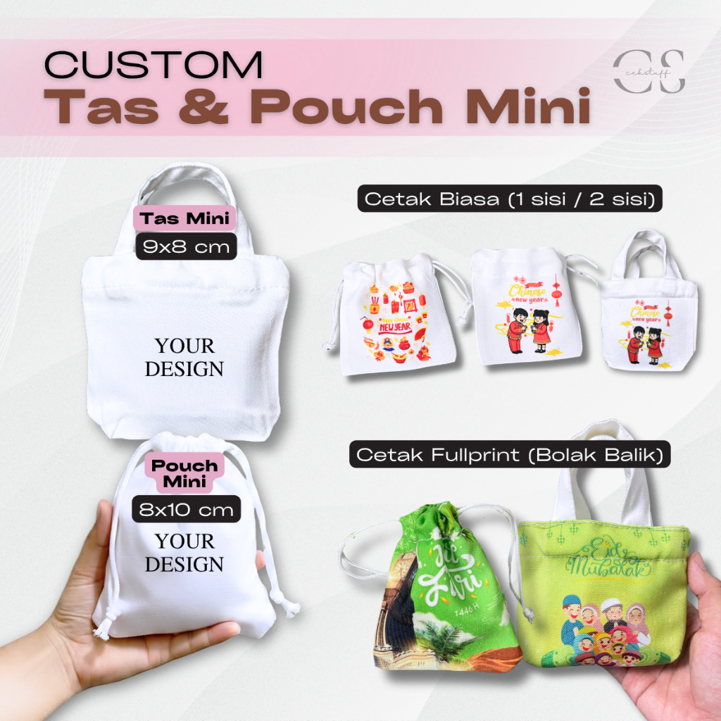Custom Tas Totebag Mini & Pouch Mini Unik Murah Kanvas Serut Kecil Cetak Motif Dompet Koin Angpao Am