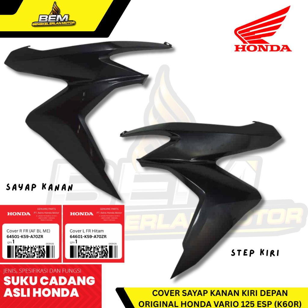 64501-K59-A70ZR - 64601-K59-A70ZR Cover Sayap depan Hitam Kanan Kiri Vario 125/150 LED 2018-2021 Ori