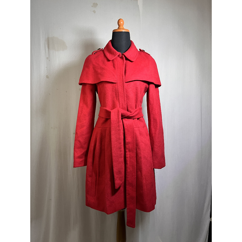Capelet Wool Blend Trench Coat / Red Double-Flap Belted Overcoat -  Mantel Wol Model Jubah Bahu / Tr