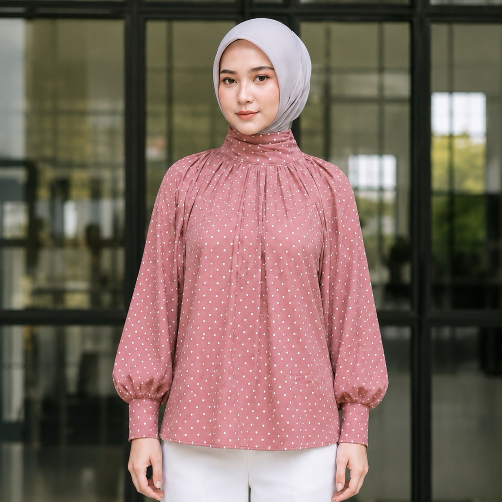 Atasan Polkadot Wanita Batwing Rayon Twill Nyaman, Adem, Cocok Harian & Kerja