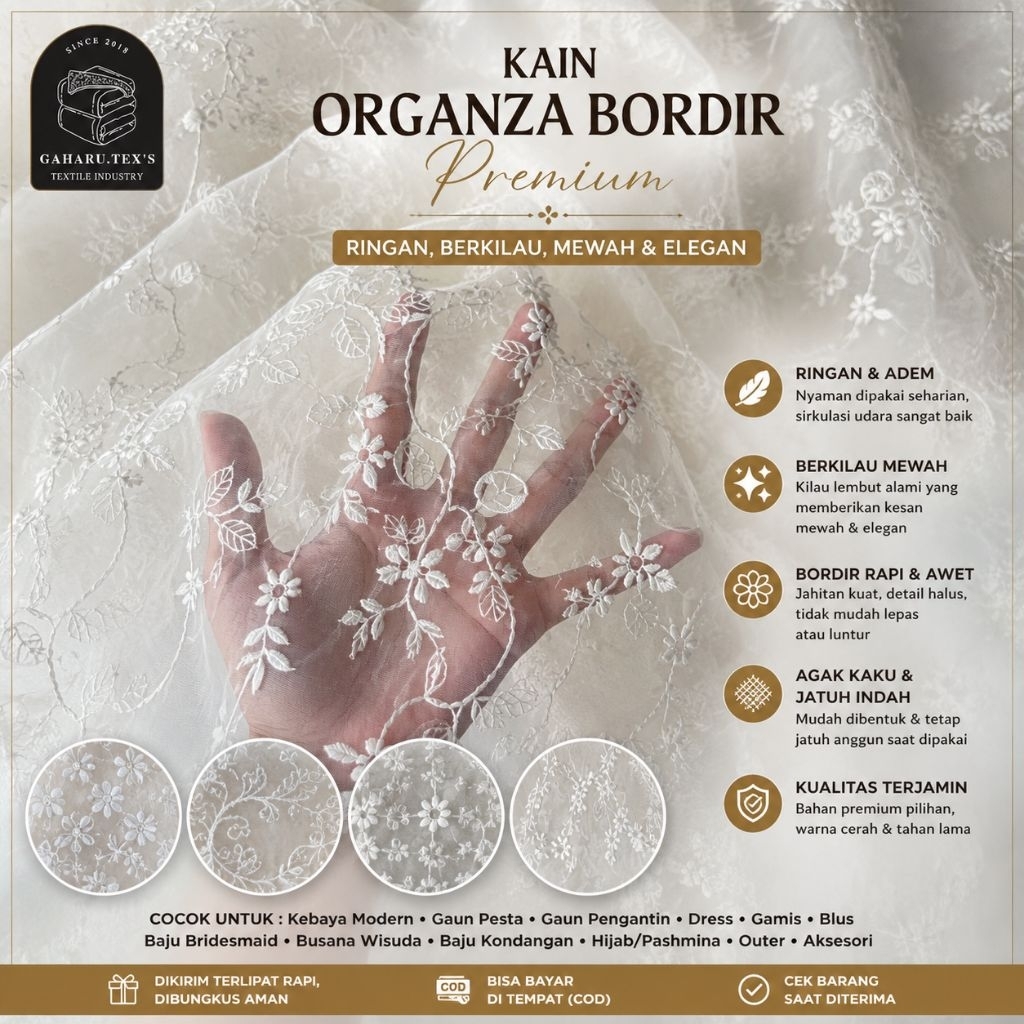 bahan organza bordir premium - bahan organza meteran -bordir kuat -bordir timbul