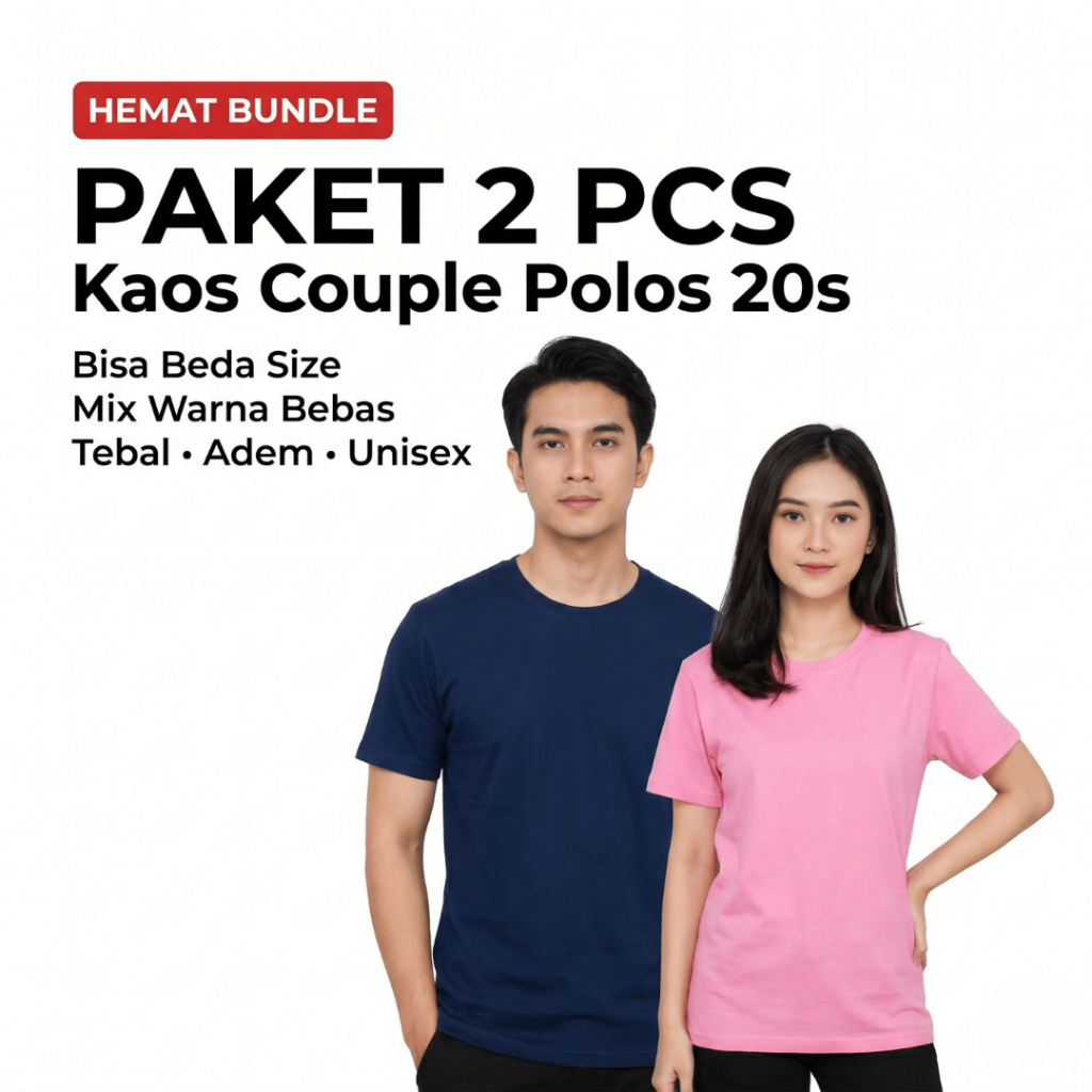Paket 2 Pcs Kaos Couple Polos Cotton Combed 20s Premium Unisex S-5XL - Basic For Life