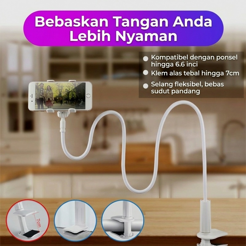 Lazy Stand HP Putih Fleksibel Panjang Jepit Meja 7cm Anti Jatuh 360° Putar Holder HP Nonton Video Be