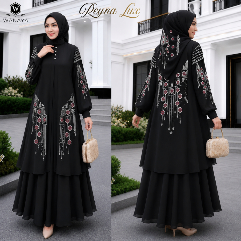 Reyna Lux Gamis Ceruty Babydoll Premium Dua Layer Lepas Pasang Plus Jilbab Berhias Bordir dan Payet