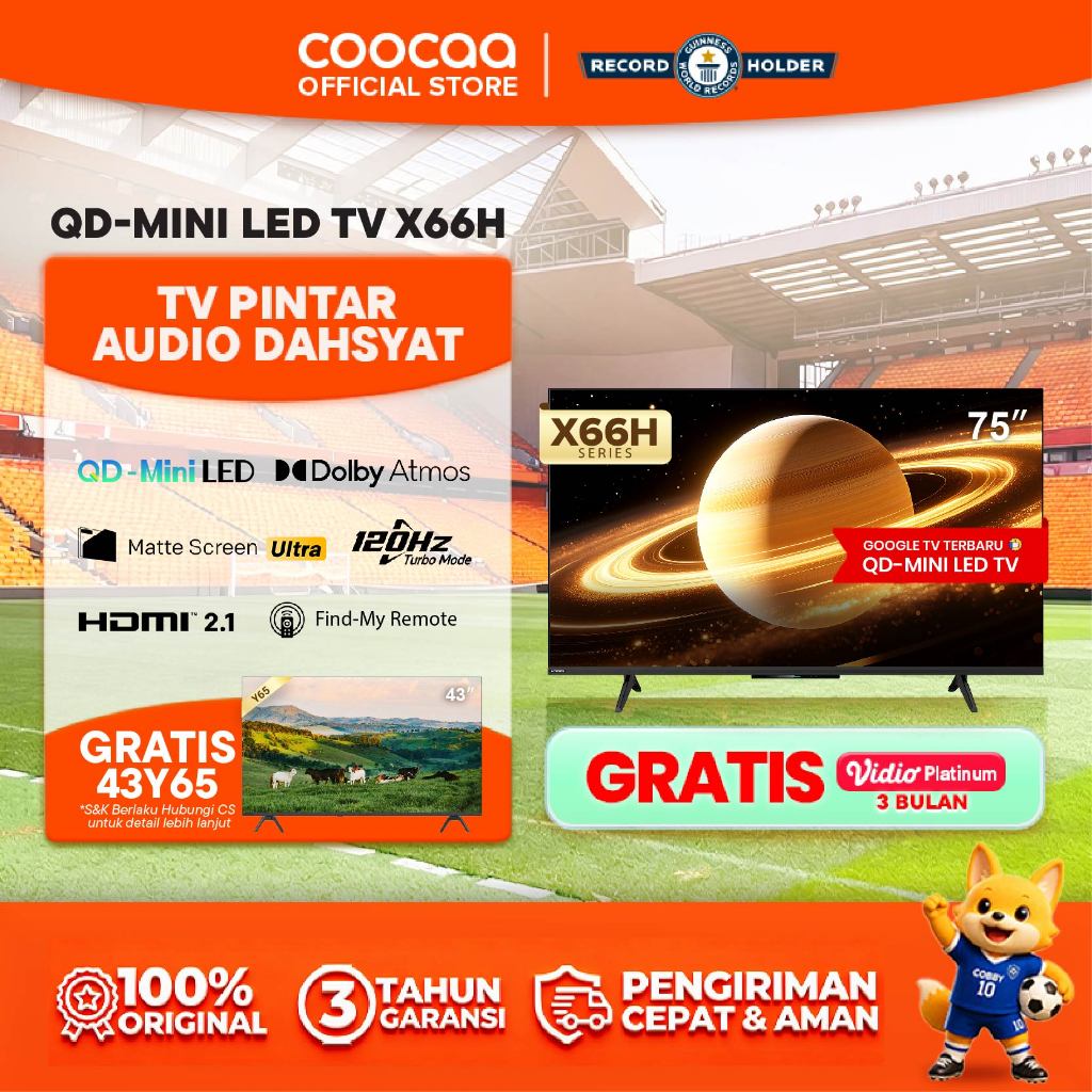 TERBARU COOCAA TV 75 inch X66H - 4K QD-Mini LED - S AI Engine - Matte Screen Ultra - MEMC - HDR10+/H