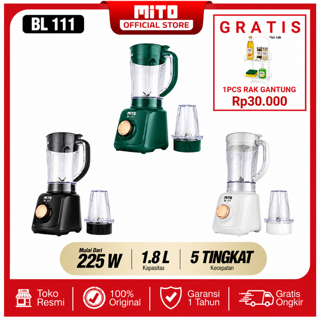 Blender Mito BL 111 Plastik 1,8 Liter Pelumat Juicer Mitochiba Hijau Putih Hitam Low Watt Dry Mill