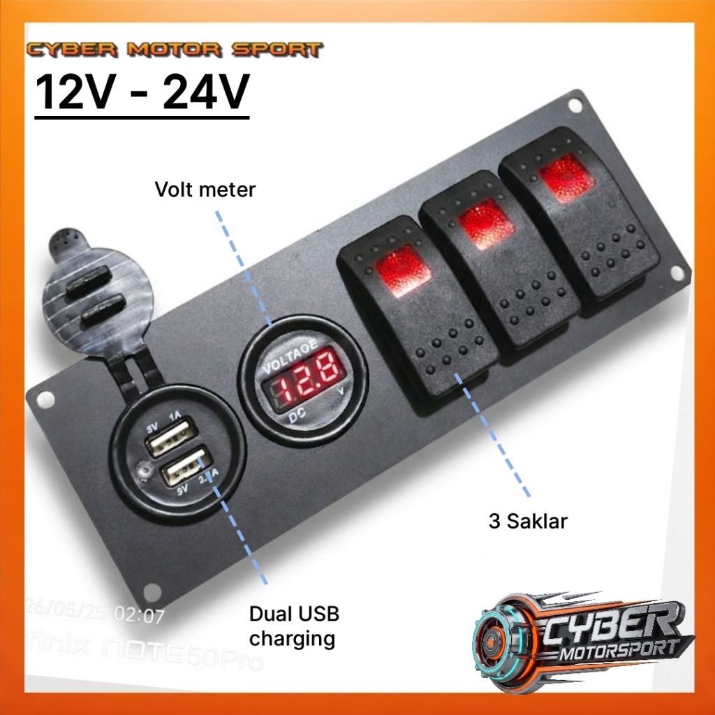 Dashboard mobil panel add on. Saklar lampu volt meter USB charger universal . sakelar rocker arb lam