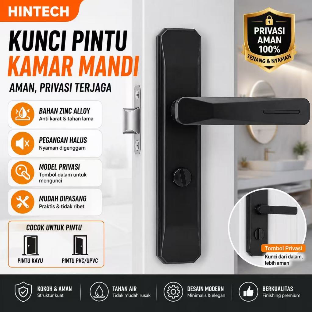 Kunci Pintu Kamar Mandi Minimalis Hitam Anti Karat dengan Handle Modern