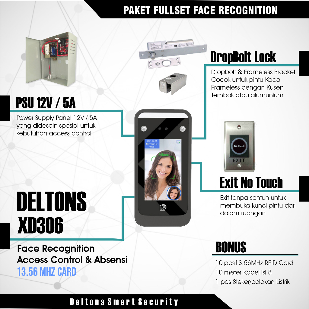 Paket Access Control Deltons XD306 Face Recognition Akses Wajah Dropbolt