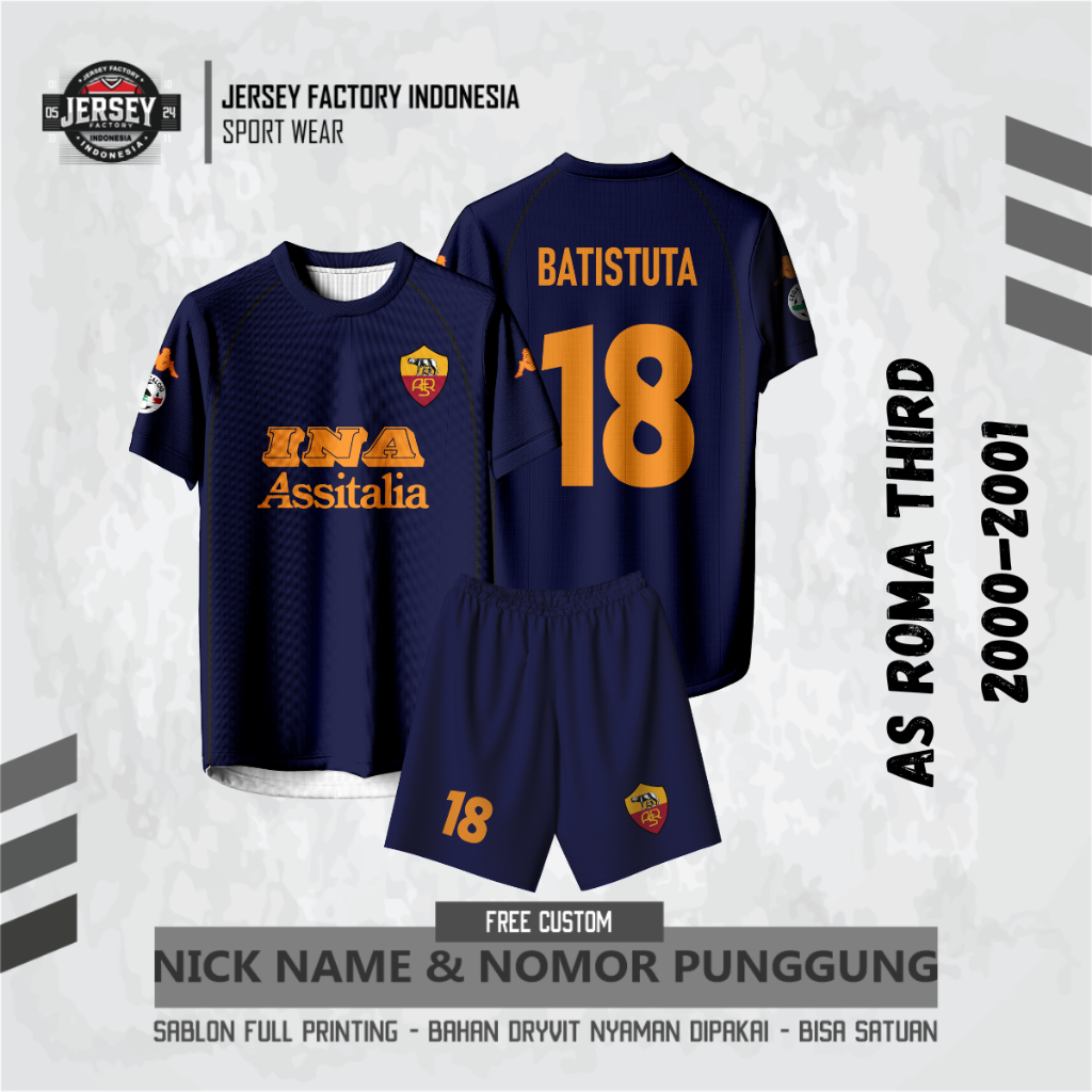 Jersey Bola AS ROMA THIRD 2000-2001 Free custom nama dan nomor untuk dewasa dan anak anak Full Print