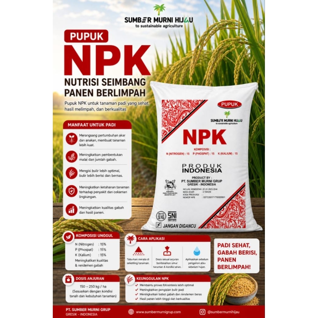 Pupuk Non Subsidi Npk 15-15-15 Sumber Murni Hijau kemasan 50 kg merah