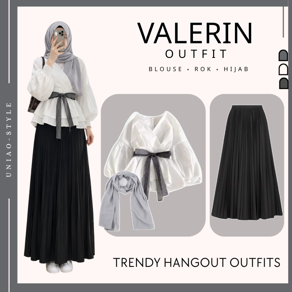 Setelan Valerin One Set Wanita Korea Simpel & Feminim (Blouse + Rok Plisket + Pasmina) Ootd Kondanga