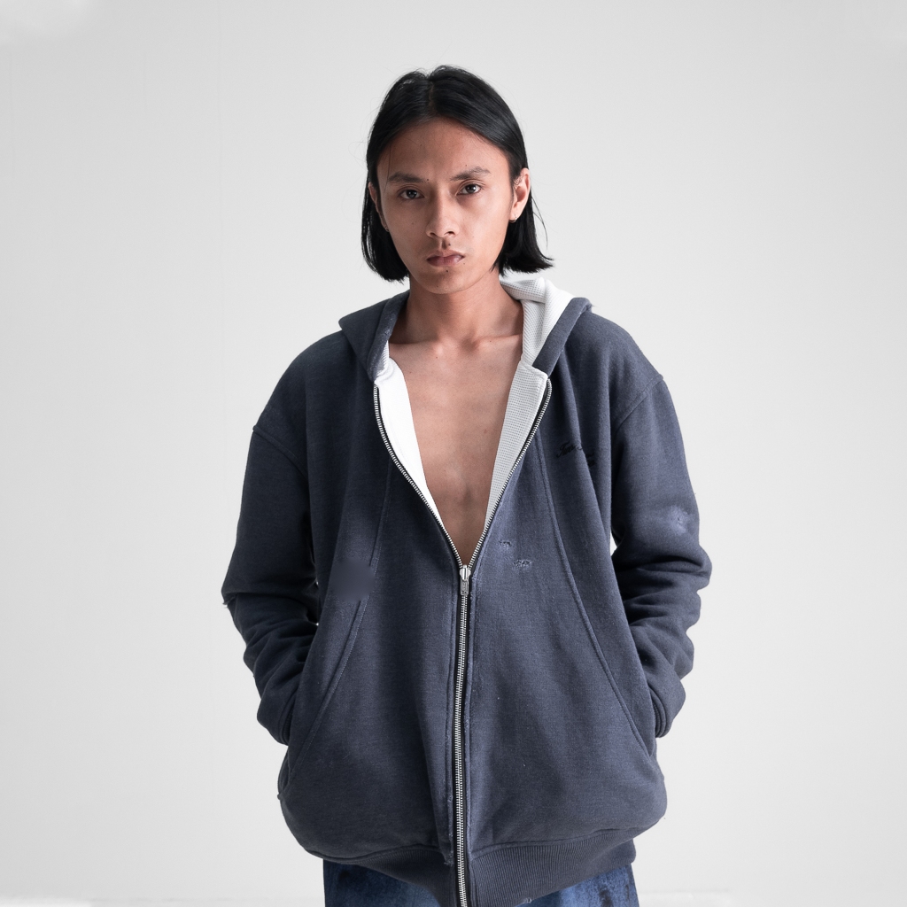 2TIMESTOO Oversized Waffle Lined Washed Hoodie - Washed Grey