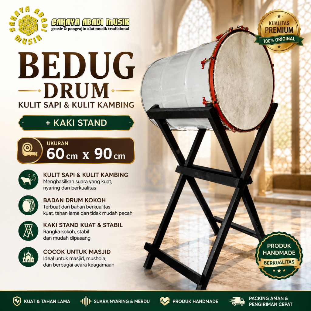 bedug drum tebal besar 60cm x 90cm kulit sapi & kulit kambing plus kaki drum 200 liter
