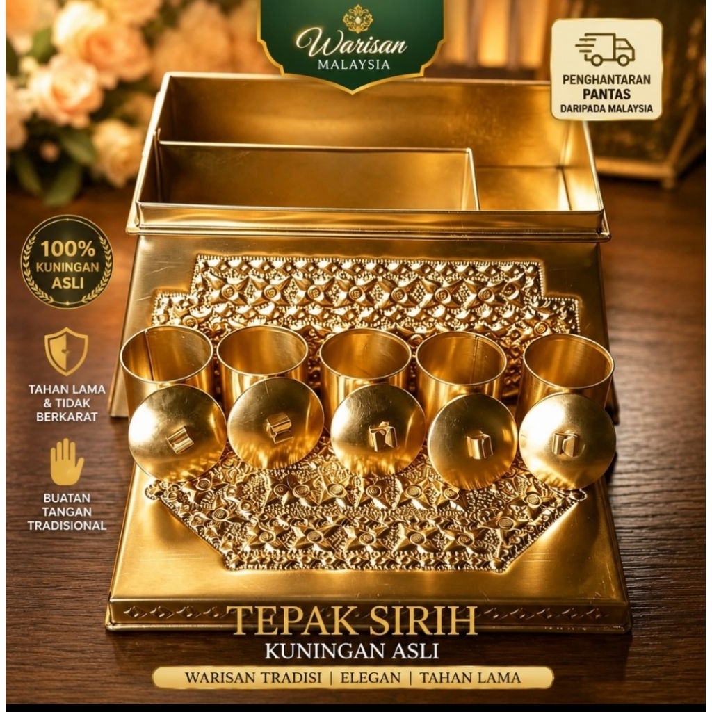 Tepak Sirih Kuningan Asli Ukir Melayu Full Set Isi 5 Wadah Premium