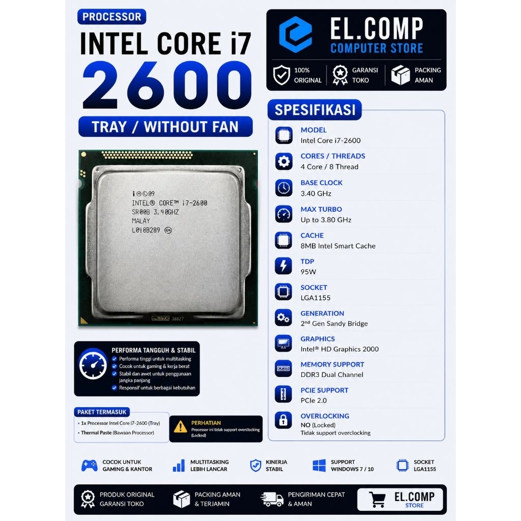 PROCESSOR INTEL CORE I7 2600 TRAY LGA 1155