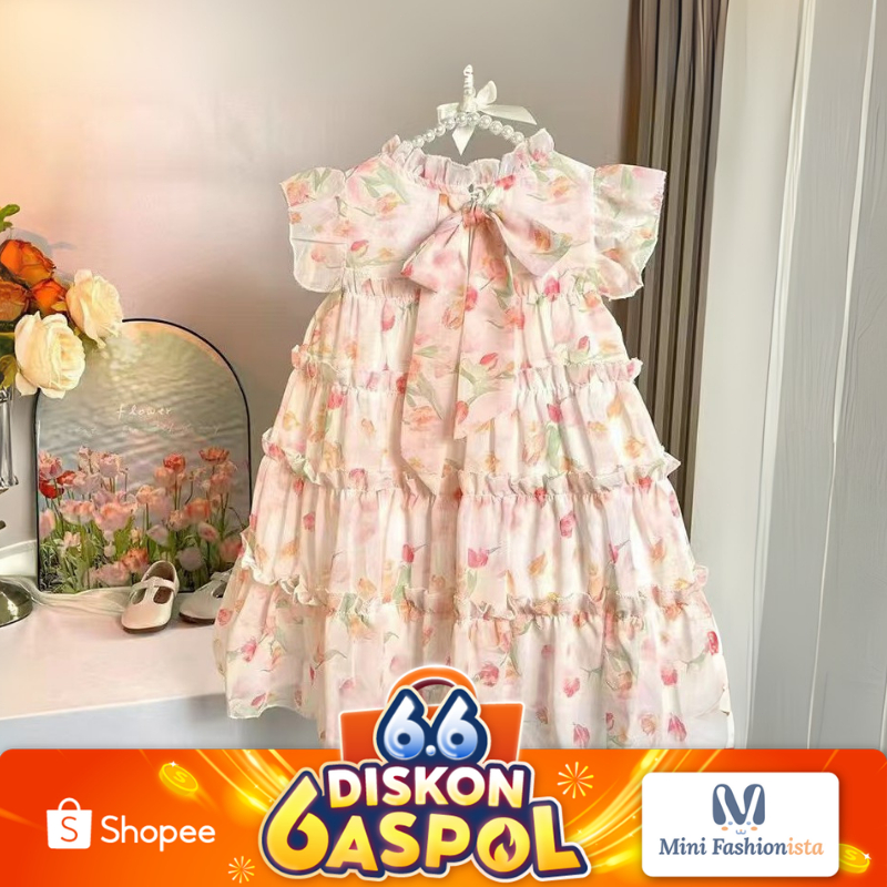 dress anak perempuan import Baju Princess Anak Perempuan Chiffon Bow Floral Dress Pesta Bayi Daster 