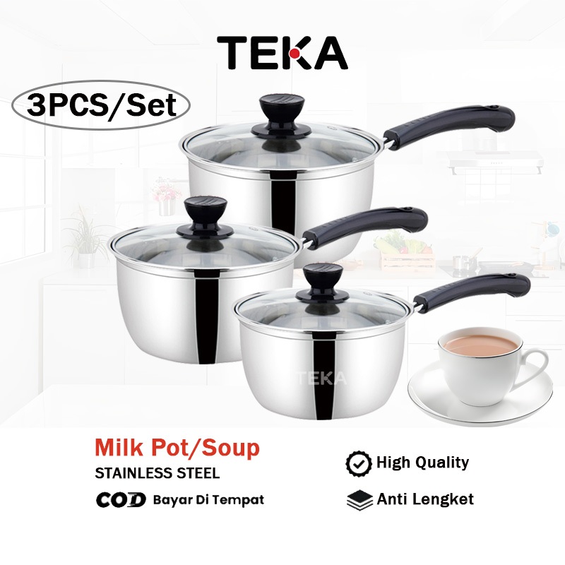 TEKA 3IN1 Panci Susu Stainless Steel Tebal (Dengan Tutup Kaca) Tersedia Dalam Ukuran 16cm 18cm 20cm 