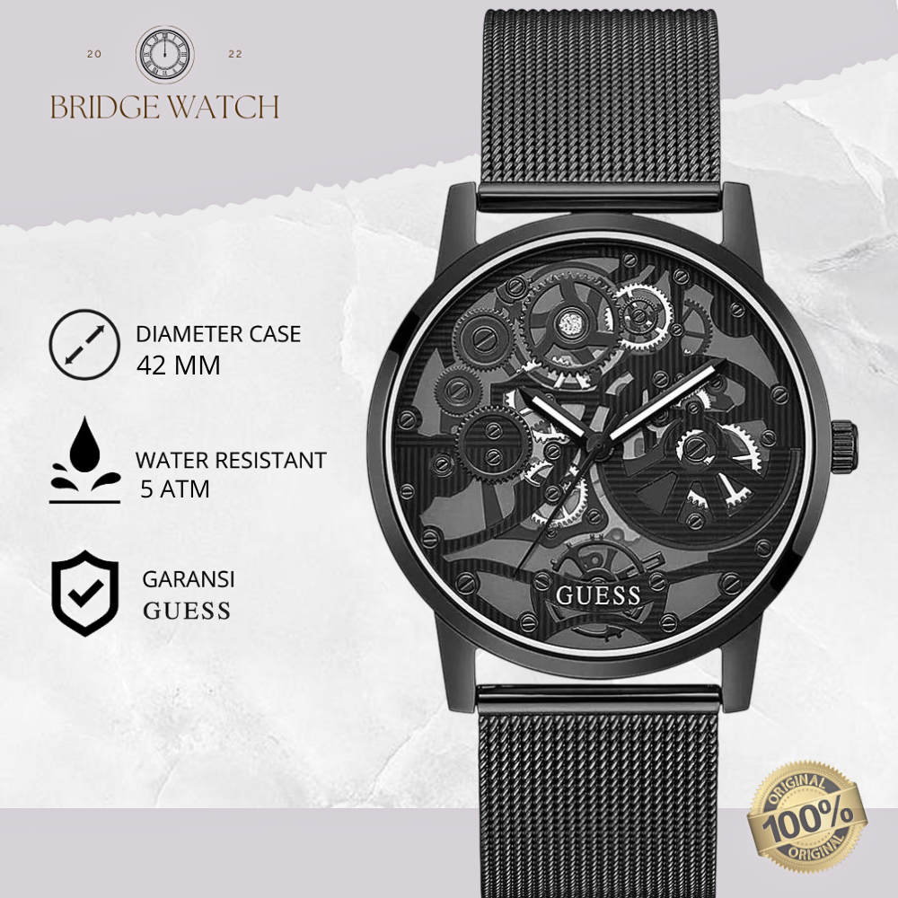 Jam Tangan Pria Guess GW0538G3 Gadget Skeleton Dial Black Stainless Steel Strap Hitam Rantai Sport O