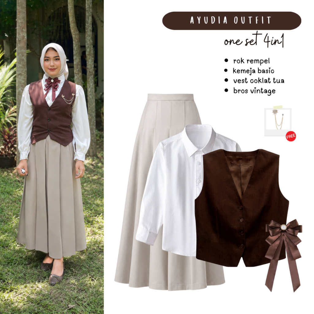 Setelan Oufit Yearbook | Kemeja, Vest Coklat, Rok Rempel, Bros Vintage | One Set Enola Holmes - FC11