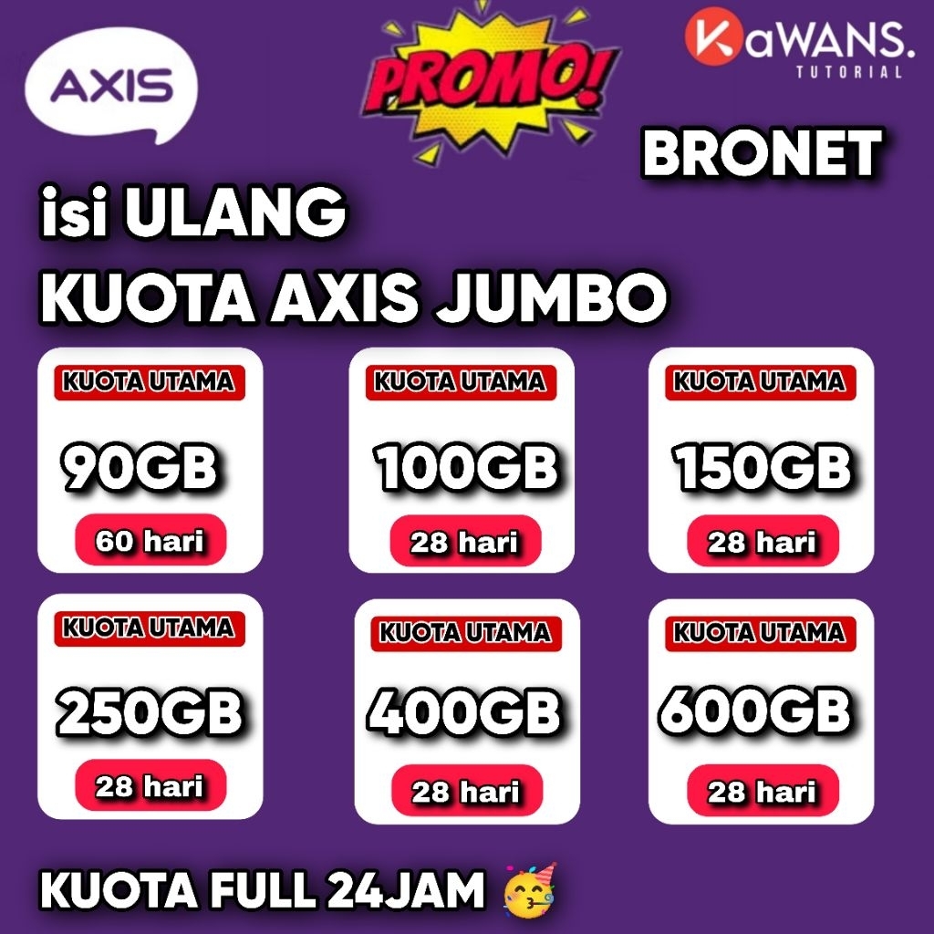 Isi Ulang Kuota Axis Bronet jumbo 100gb 150gb 24jam full NASIONAL