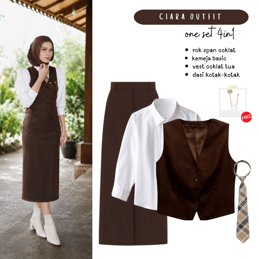 Setelan Outfit Dark Academia | Kemeja, Vest, Rok Span, Dasi | Set Yearbook Vintage Aesthetic - FC117