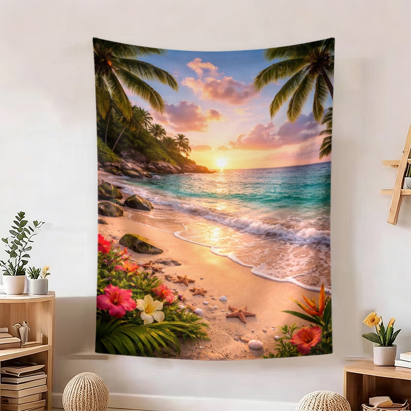 Gambar Lukisan Pemandangan Pantai Sakura Pink, Bunga Peony, Burung, Sunset, Dekorasi Dinding