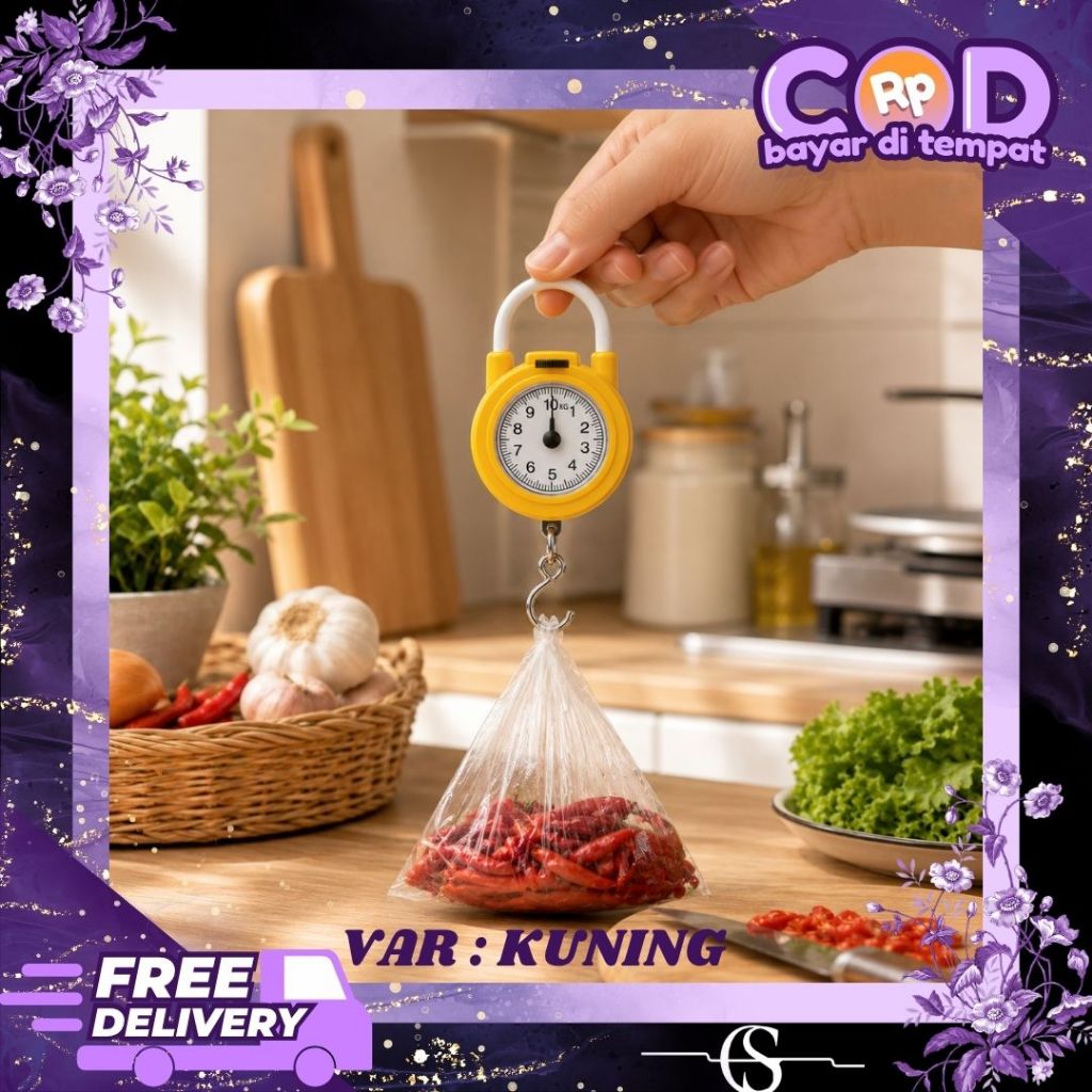 Timbangan Gantung Mini 10Kg Portable Manual Warna Kuning Alat Timbang Dapur Sayur Buah Cabe Akurat