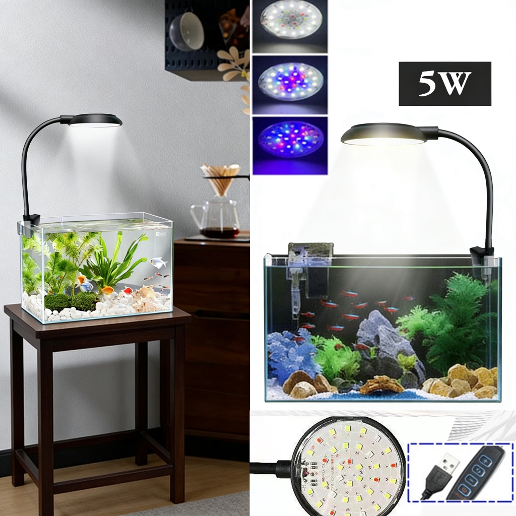 Lampu Jepit Aquarium 3 Mode Warna Lampu LED Aquarium Kecil Aquascape Model Bulat Mini Clip Lamp